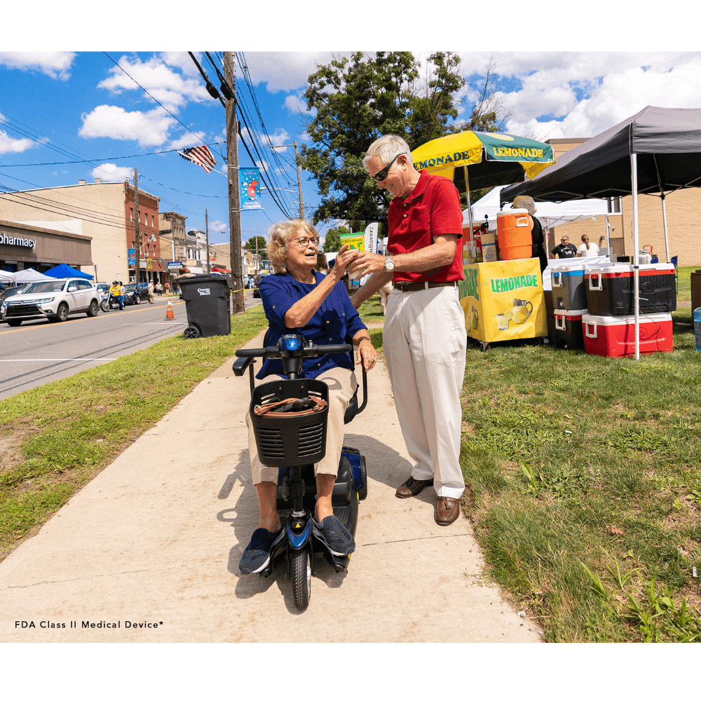 Blue Pride Go Go Elite Traveller® 3-Wheel Scooter 18AH Battery Lifestyle Display Outside