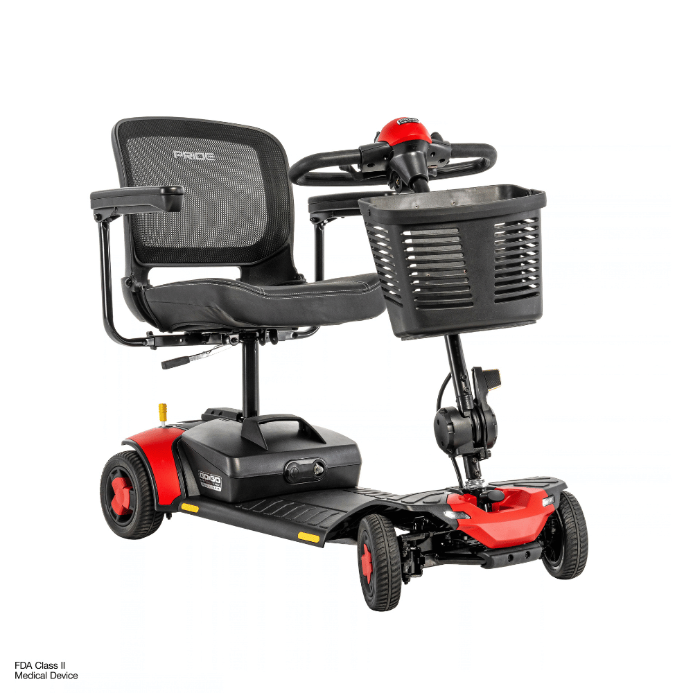 Pride Go Go Elite Traveller® Gen 3 Platinum Mobility Scooter in Cardinal Red Color - Angled View