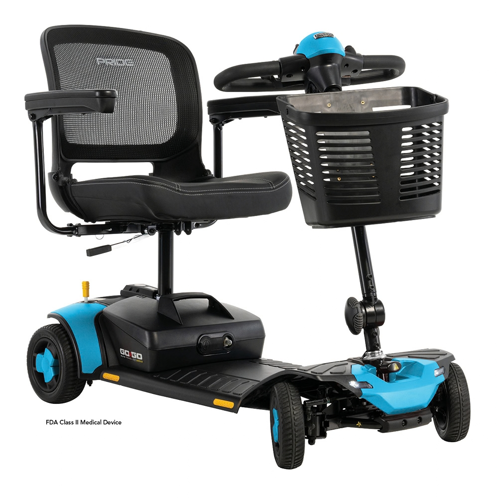 Pride Go Go Elite Traveller® Gen 3 4-Wheel Mobility Scooter in Robin's Egg Blue Color - Angled View