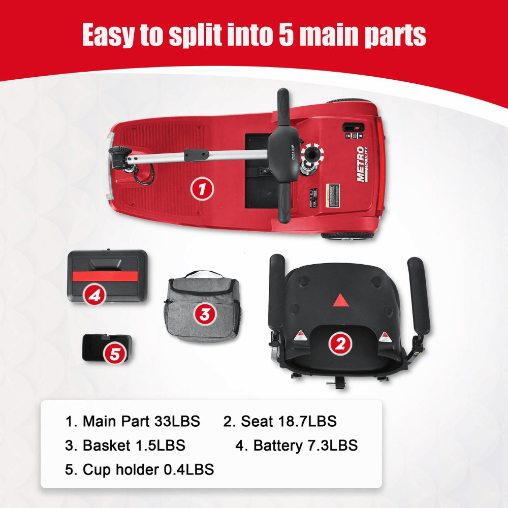 Red Metro Mobility Air Classic Compact Foldable Mobility Scooter - 5 Parts