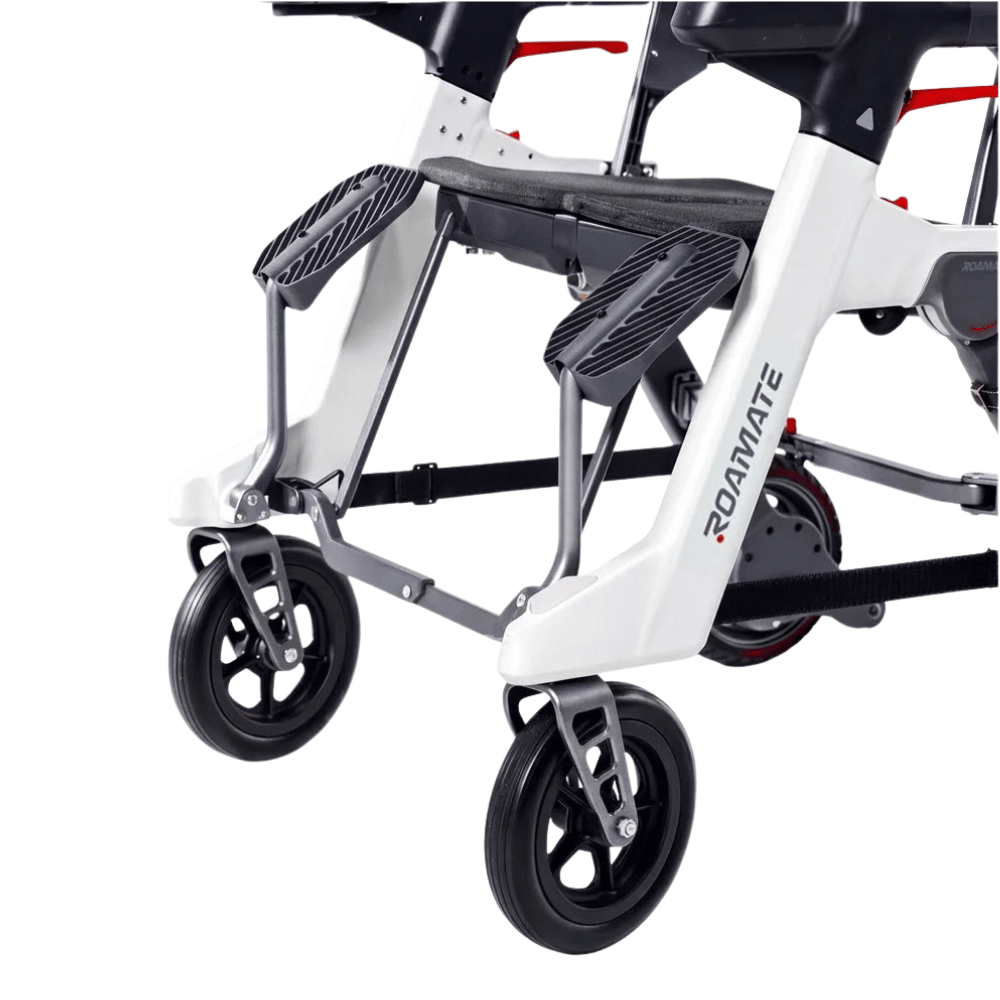 Enhance Mobility Roamate 3-in-1 Power Rollator in white color - Front Wheel Closeup View