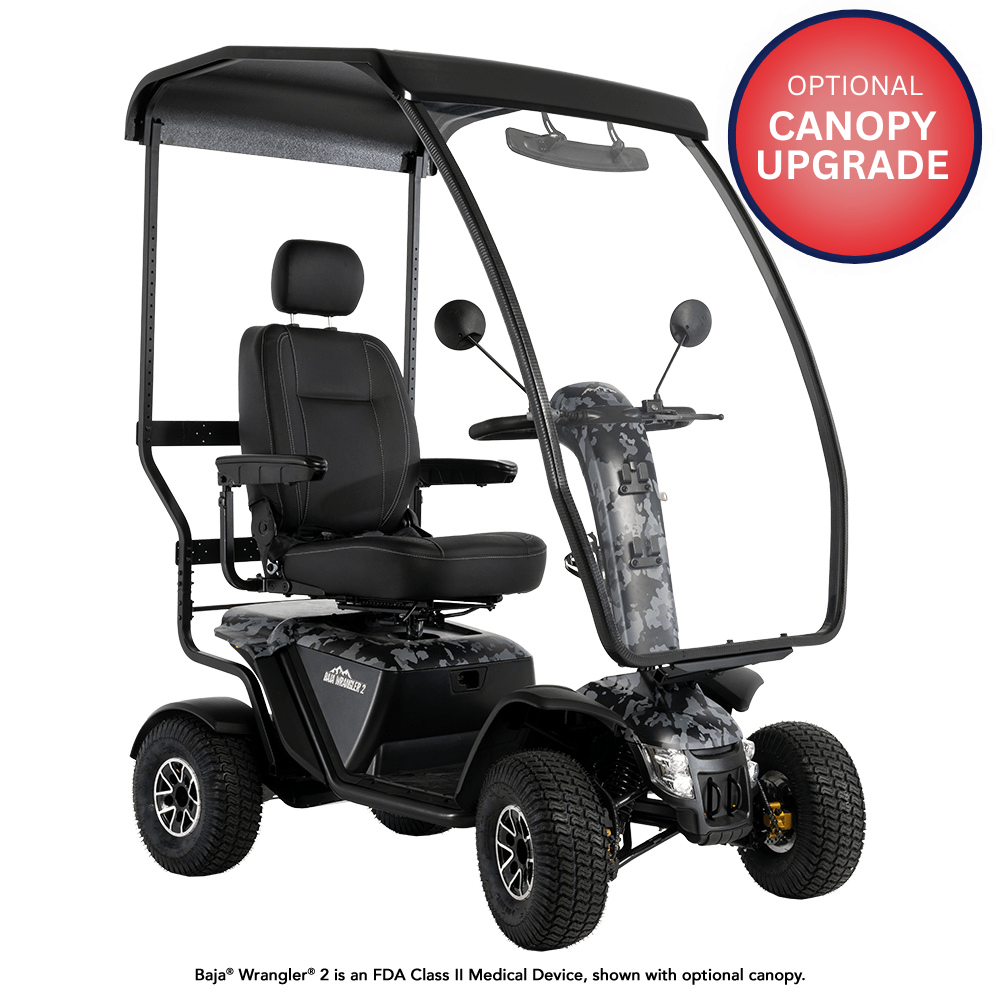 Pride BAJA® Wrangler® 2 All Terrain Scooter in Midnight Camo Color - Angled View - Canopy Upgrade