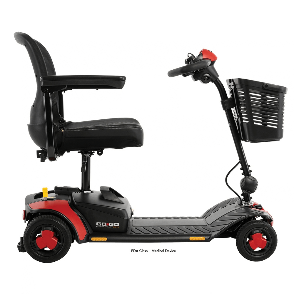 Pride Go Go Elite Traveller® Gen 3 4-Wheel Mobility Scooter in Cardinal Red Color - Side View