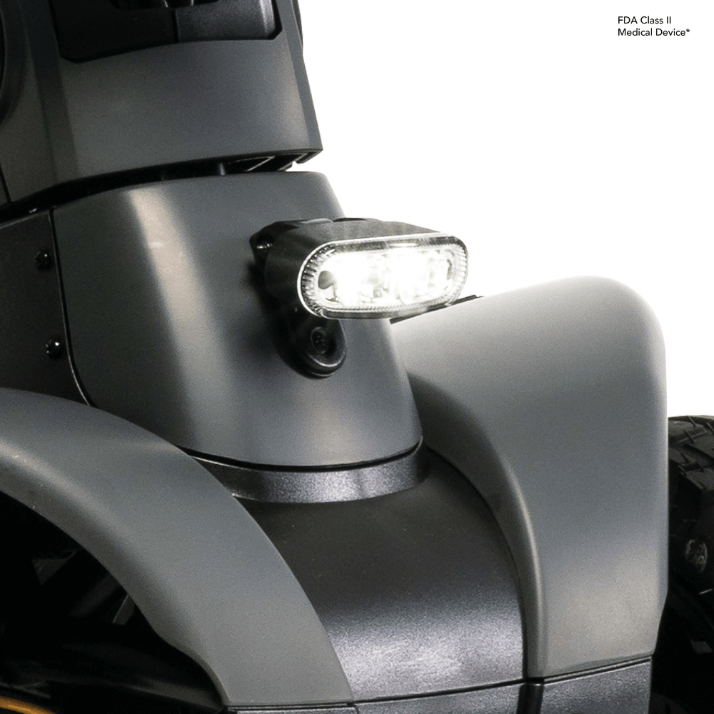 Matte Gray Pride Pursuit 2 Outdoor Mobility Scooter - Closeup View of the Front Lights