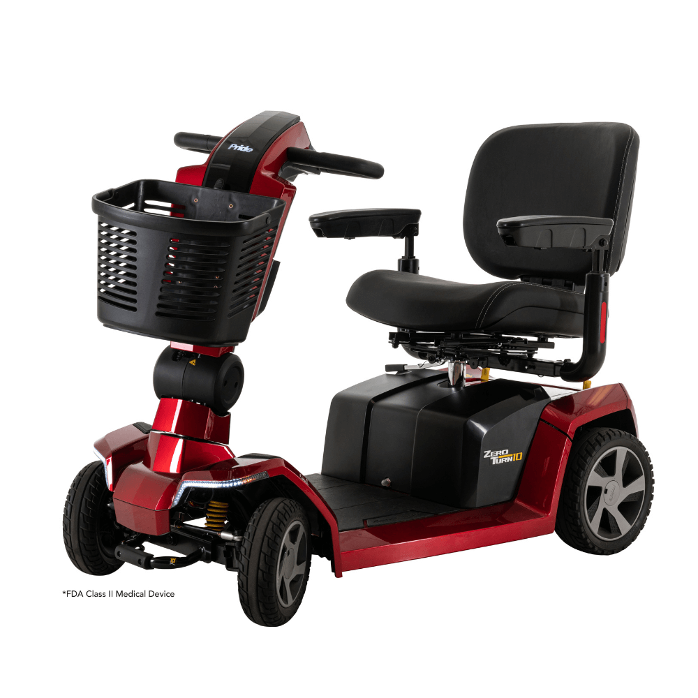 Candy Apple Red Color Pride Zero Turn 10 Mobility Scooter - Angled View