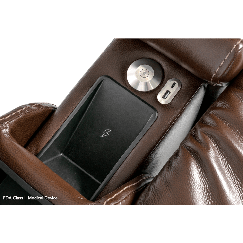 Coffee Color in Sorrento Leather Pride Mobility VivaLift!® Premier - Closeup View of the Wireless Charger