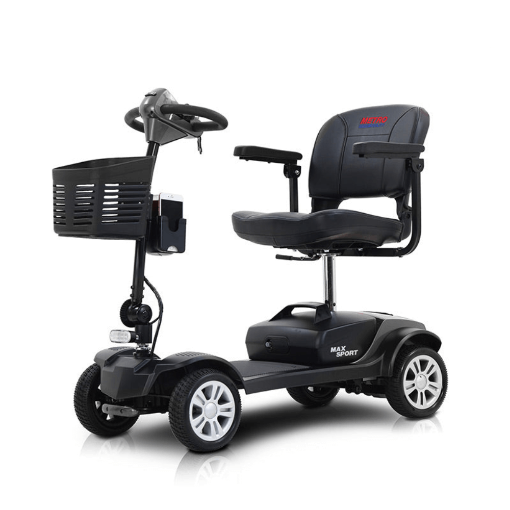 Metallic Grey Metro Mobility Max Sport Portable Travel Mobility Scooter - Angled View