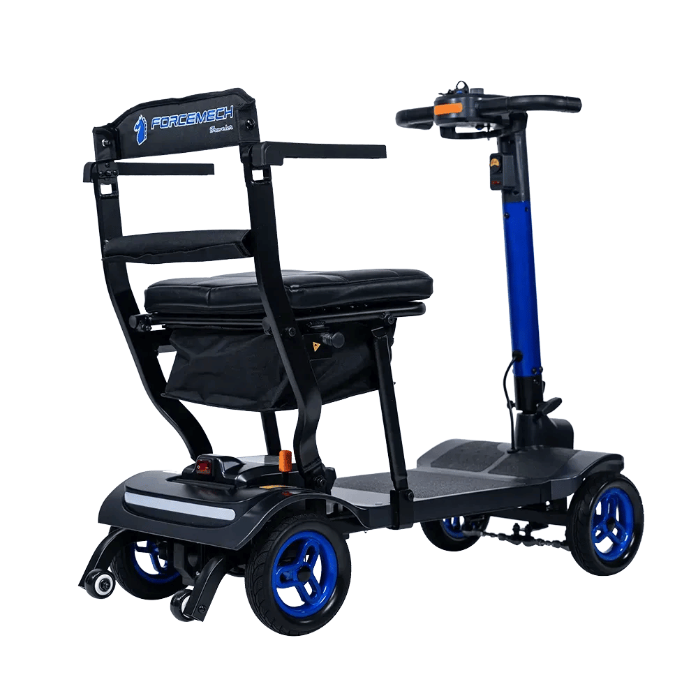 Forcemech Traveler Lightweight Folding Mobility Scooter in blue color - Rear Angled View
