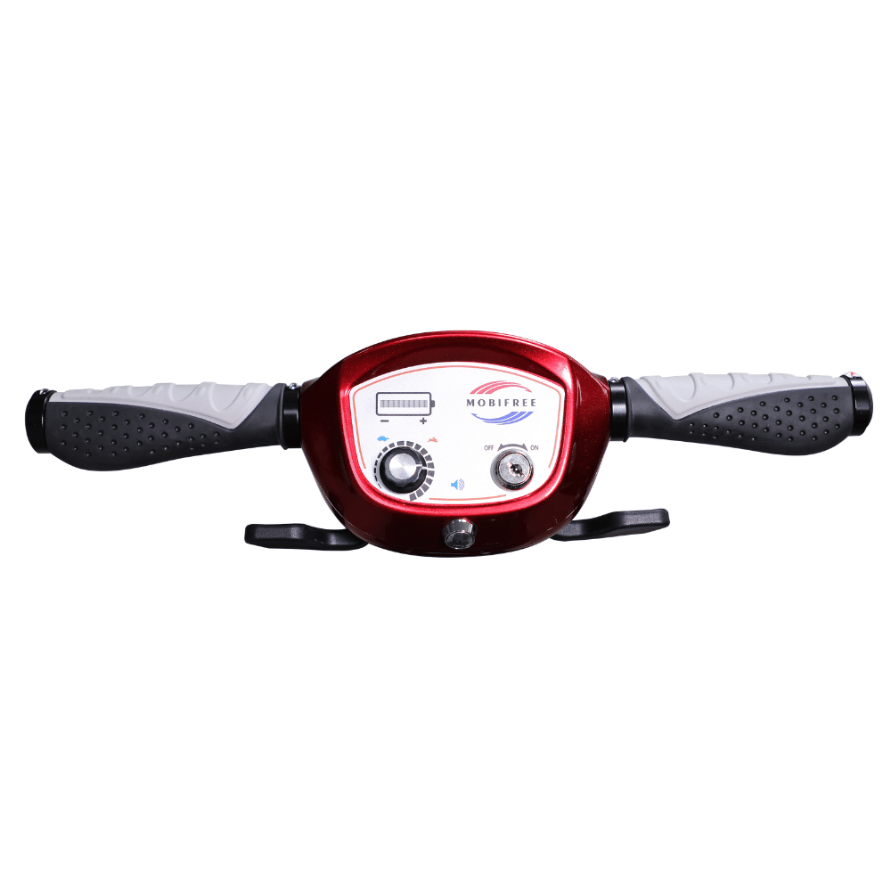 Enhance Mobility MobiFree Folding Mobility Scooter in Red Color - Tiller Controller Closeup View