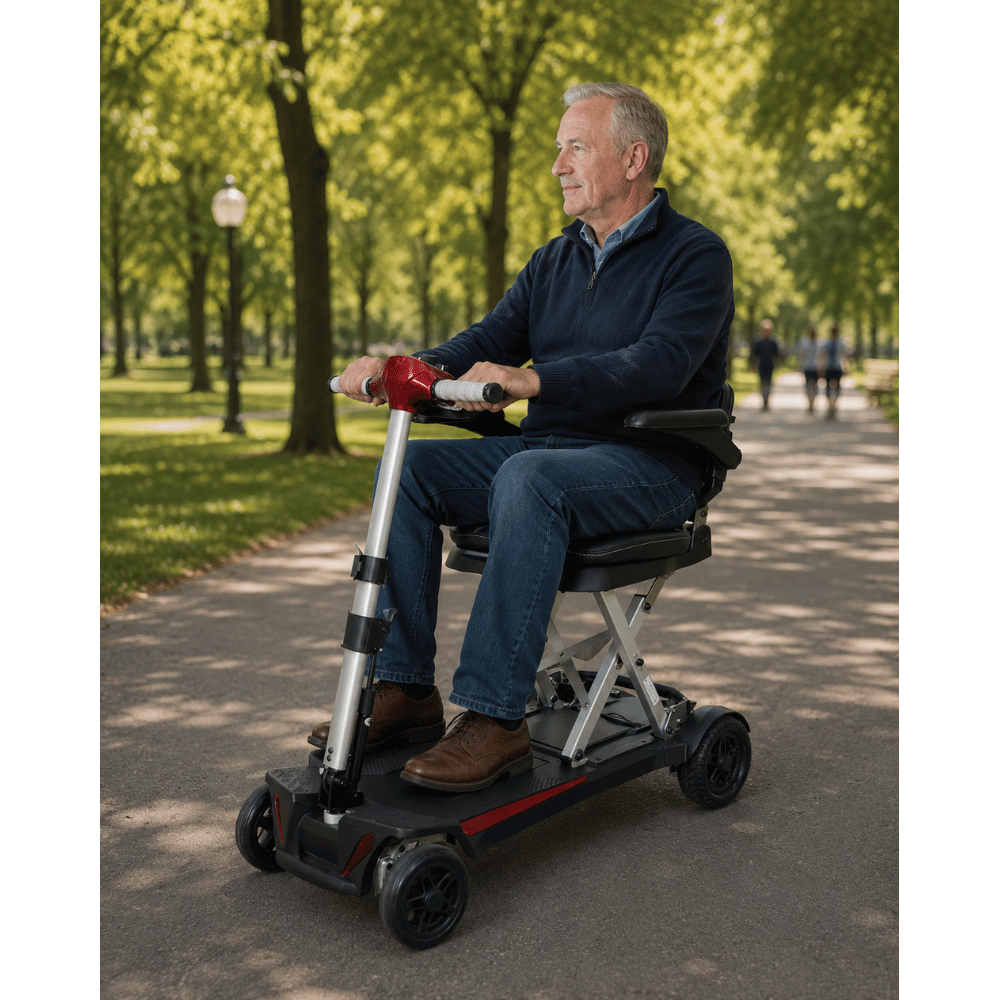 Enhance Mobility MobiFree Folding Mobility Scooter in Red Color - Outdoor Lifestyle