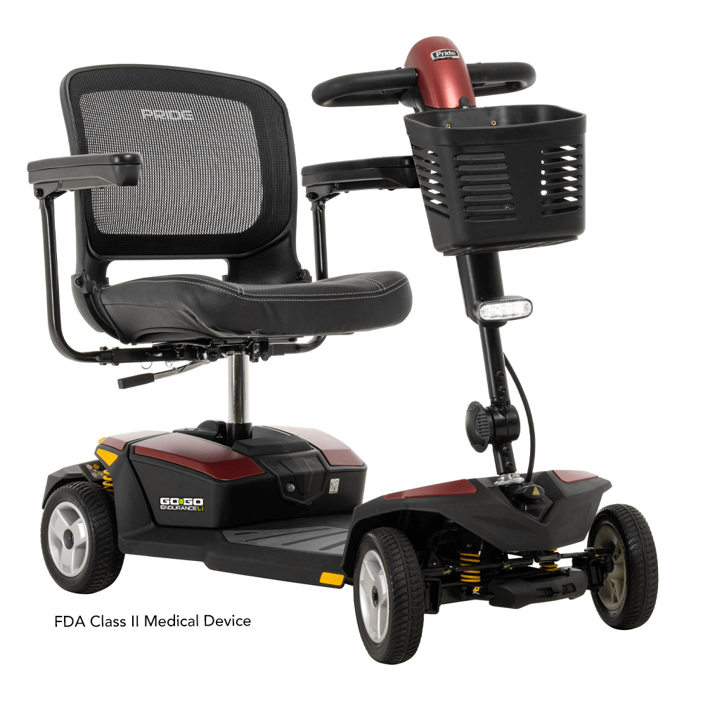 Red Color Pride Go Go® Endurance Li Mobility Scooter Mesh Back - Angled View