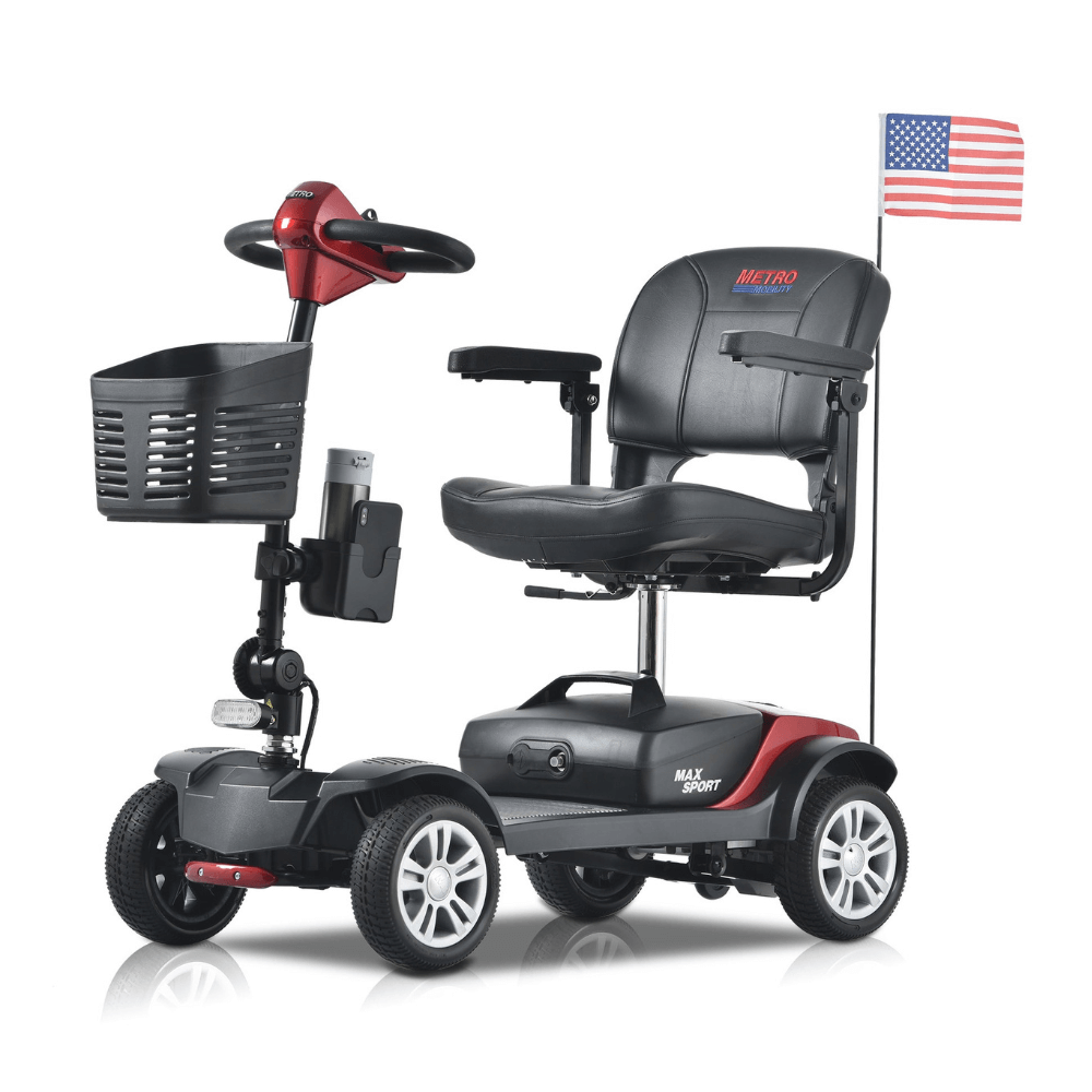 Red Metro Mobility Max Sport Portable Travel Mobility Scooter - Angled View