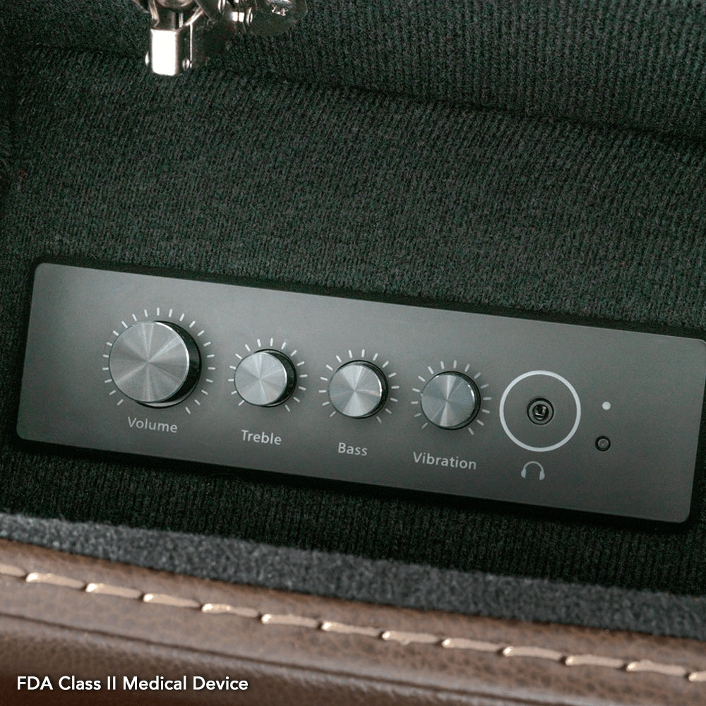 Coffee Color in Sorrento Leather Pride Mobility VivaLift!® Premier - Closeup View of the Sound System Controls