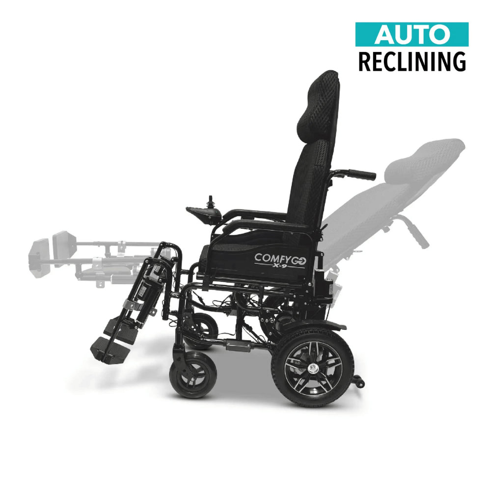 Black ComfyGO X-9 Remote-Controlled Electric Wheelchair with Automatic Recline - Reclined View