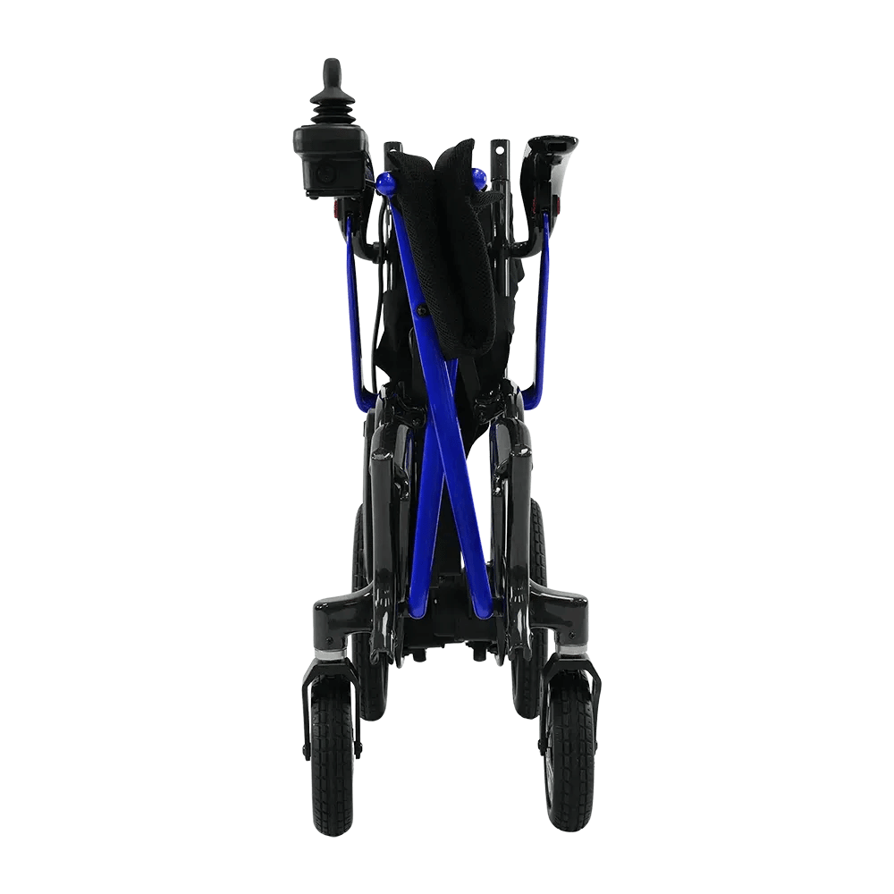 Forcemech Ultralite G10 Carbon Fiber Power Wheelchair in blue color - Rear View - Folded Position