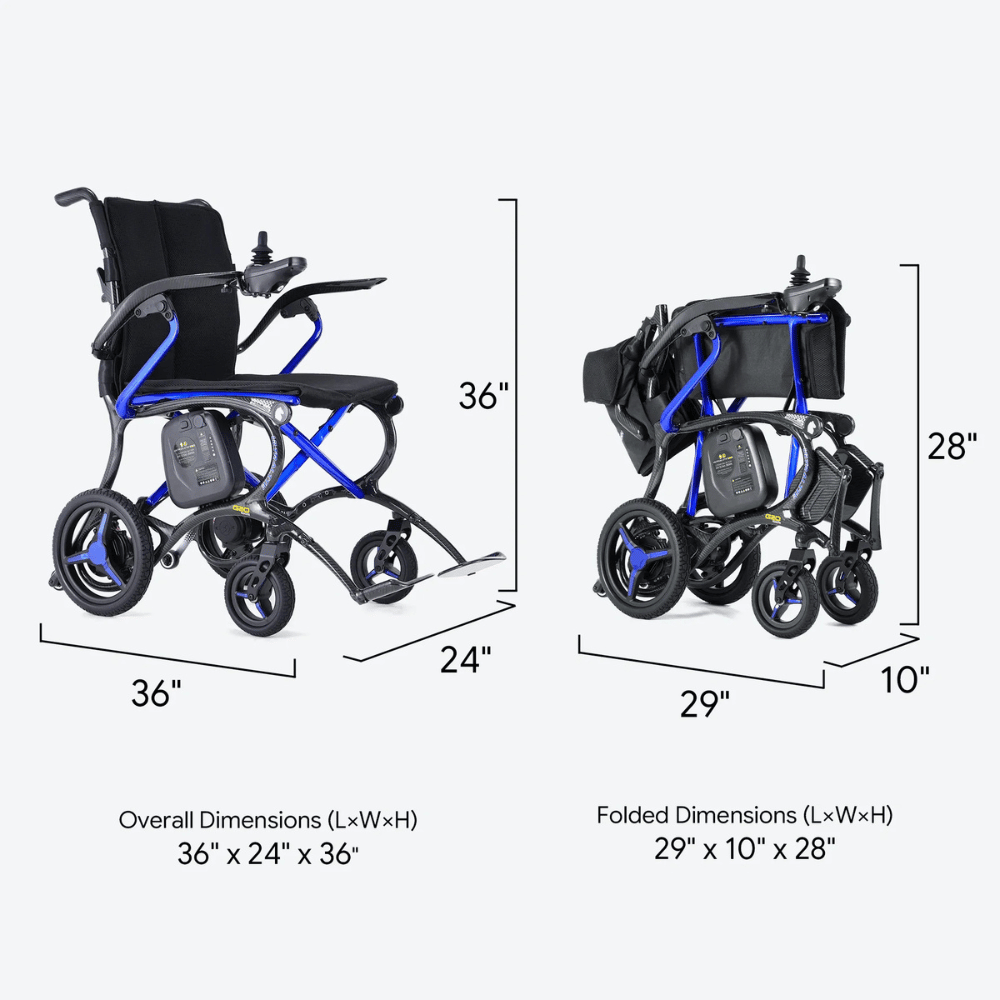 Forcemech Ultralite G20 PRO Carbon Fiber Power Wheelchair in blue color - Folded and Dimensions