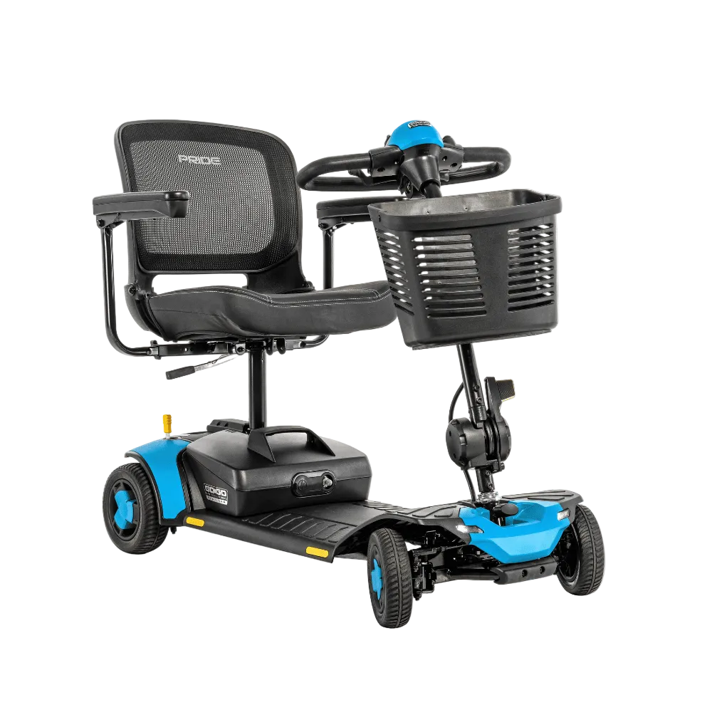Pride Go Go Elite Traveller® Gen 3 Platinum Mobility Scooter in Robin's egg Blue Color - Angled View