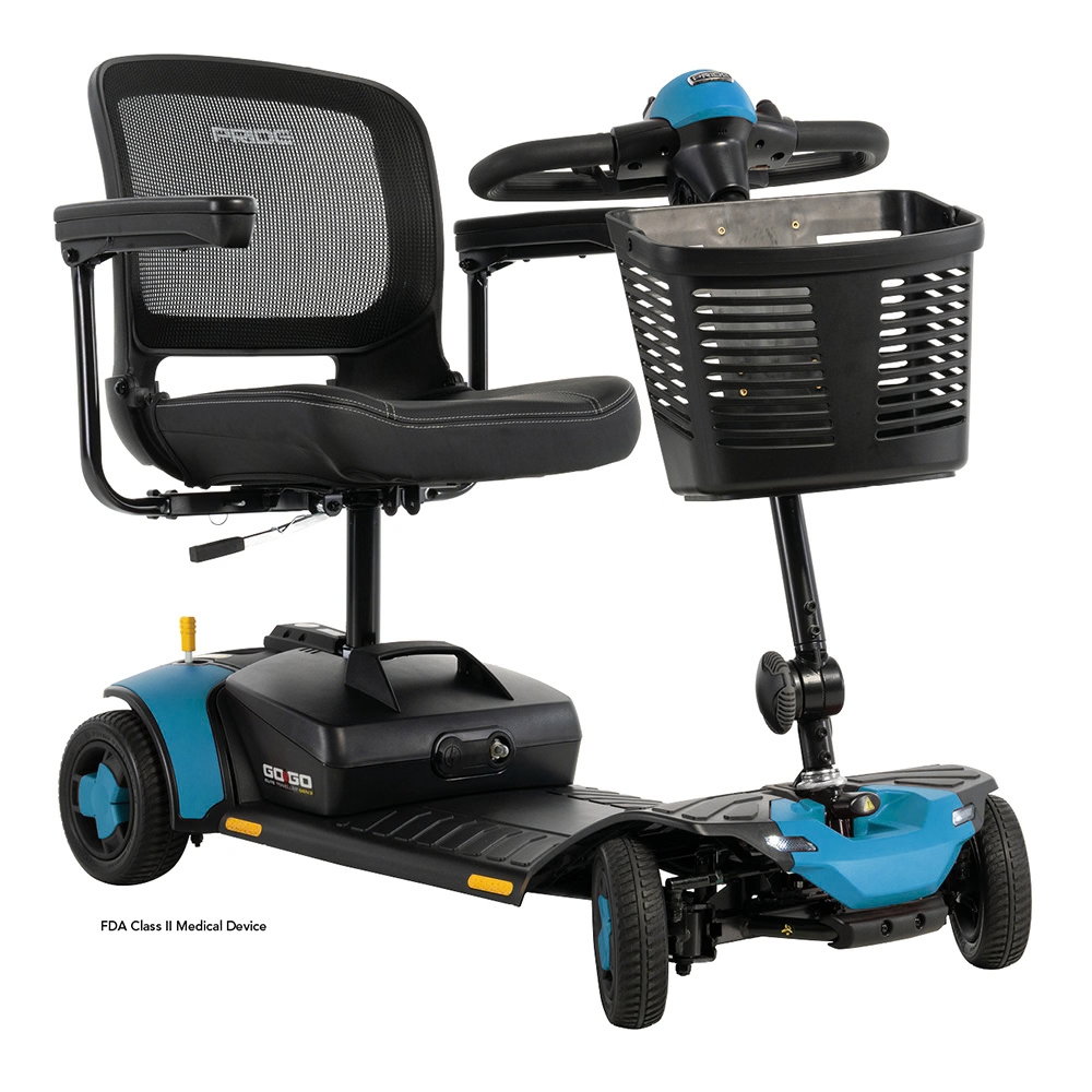Pride Go Go Elite Traveller® Gen 3 4-Wheel Mobility Scooter in Ice Berg Blue Color - Angled View