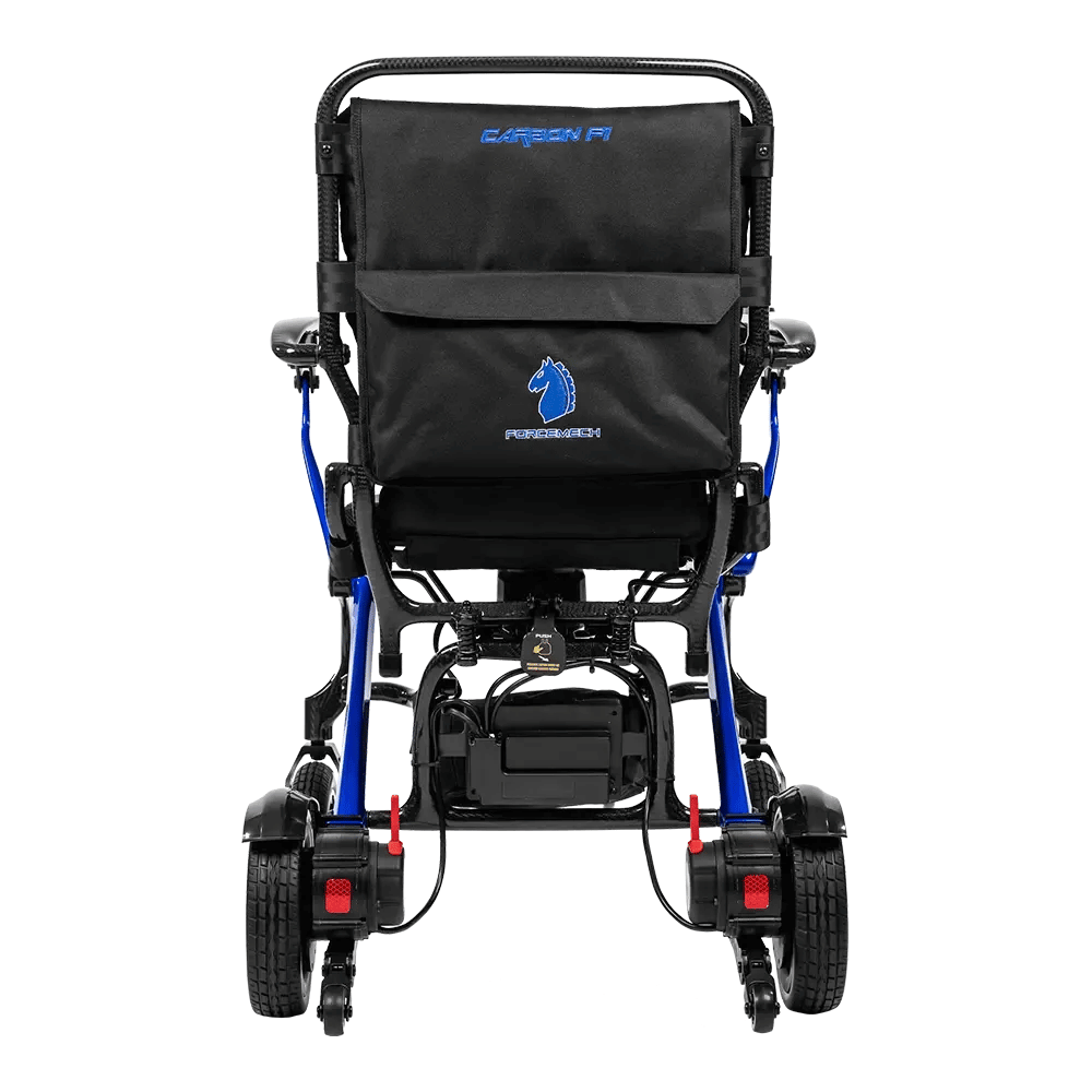 Forcemech Carbon F1 Folding Carbon Fiber Power Wheelchair in blue color - Rear View