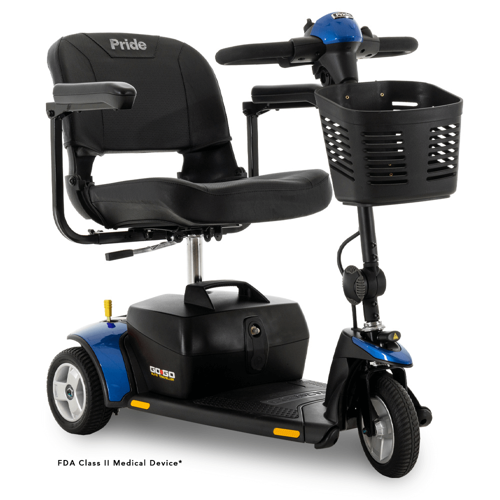 Blue Pride Go Go Elite Traveller® 3-Wheel Scooter 18AH Battery - Angled View