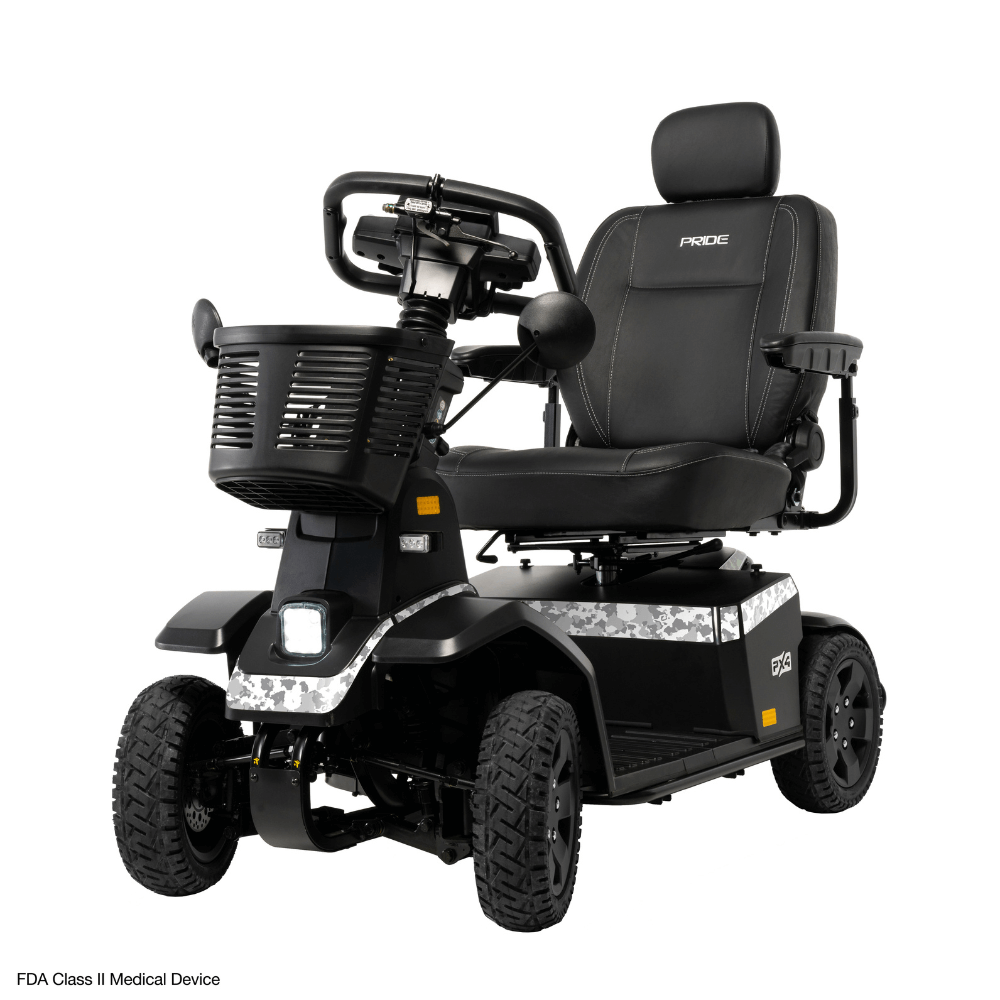 White Camo Color Pride PX4 All Terrain Mobility Scooter - Angled View