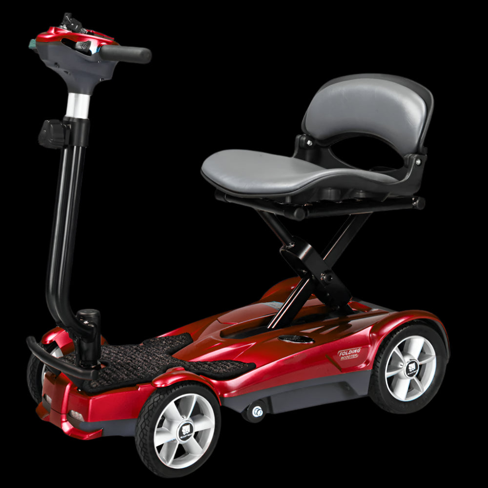 Burgundy EV Rider Auto Fold Transport 4AF Mobility Scooter - Open Box Angled View