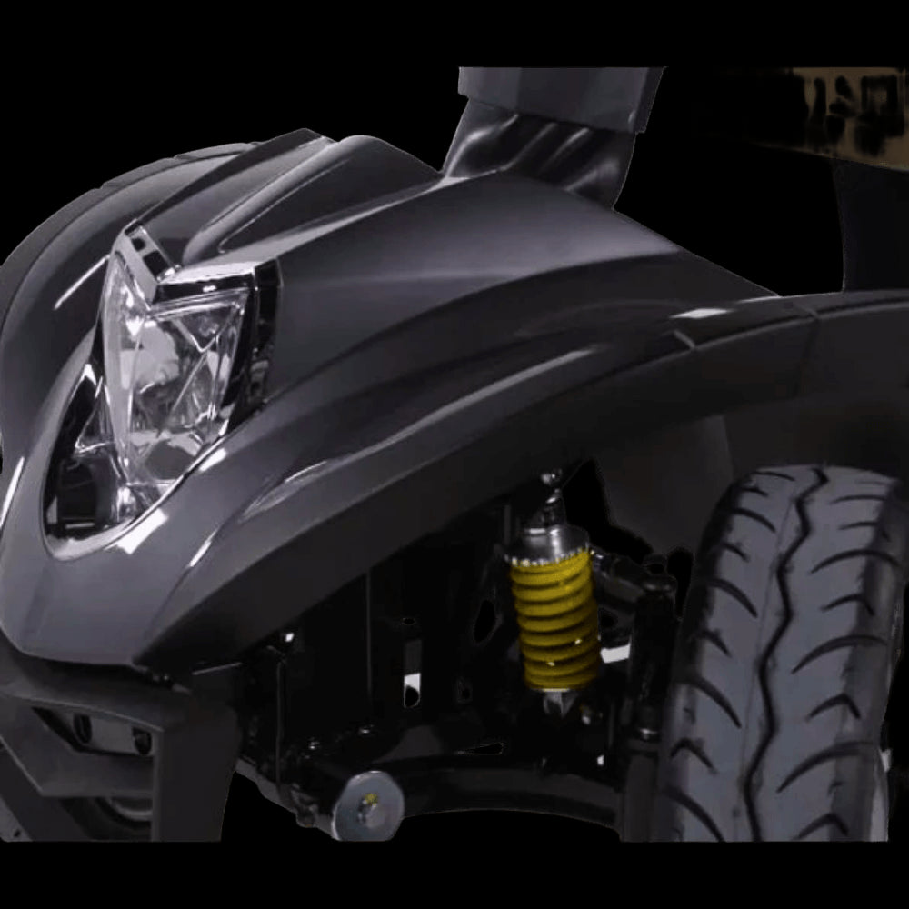 Close-Up of Suspension and Front Wheel of Drive Medical Cobra GT4 Heavy Duty Power Mobility Scooter