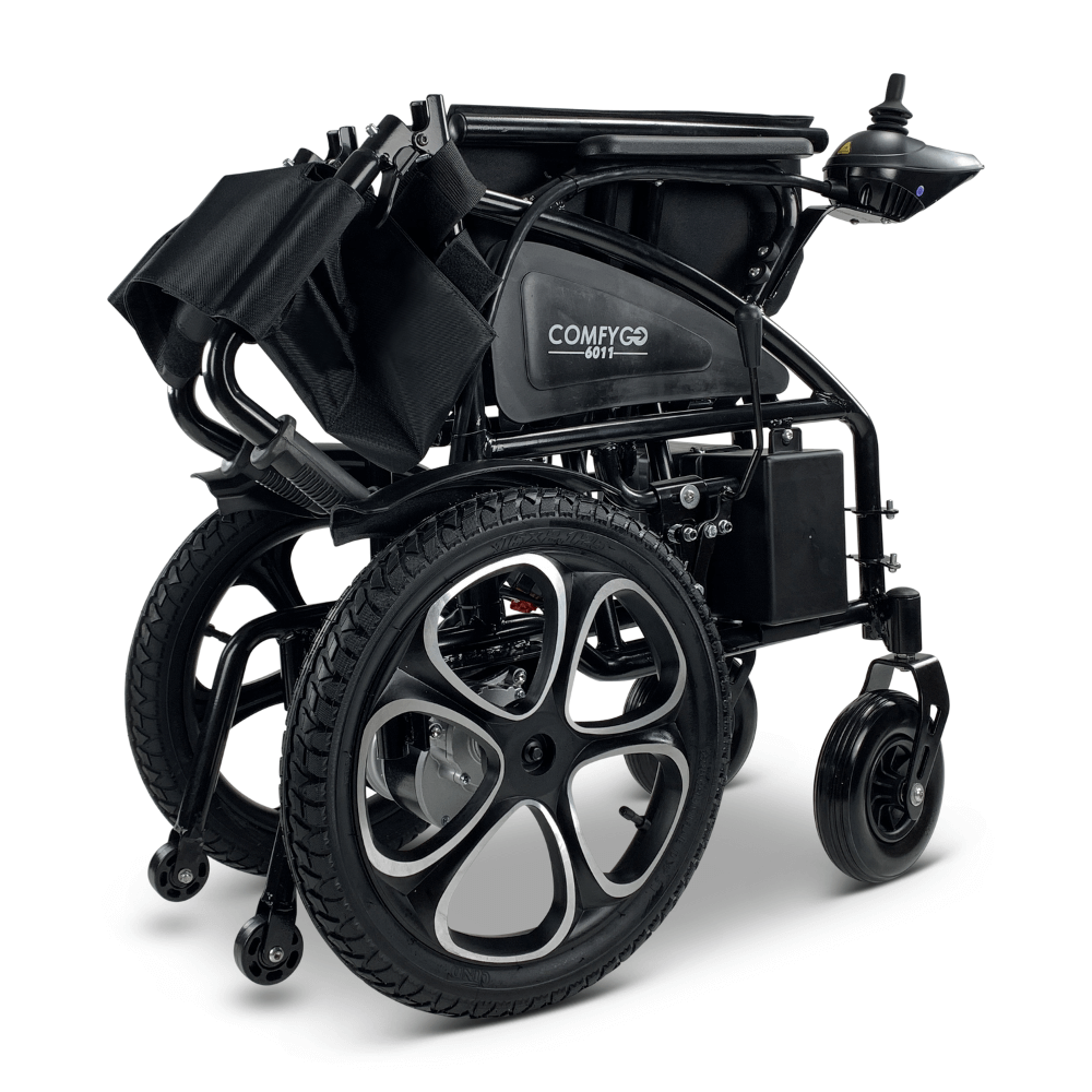 Black ComfyGO 6011 Folding Electric Wheelchair Folded - Left Angled View