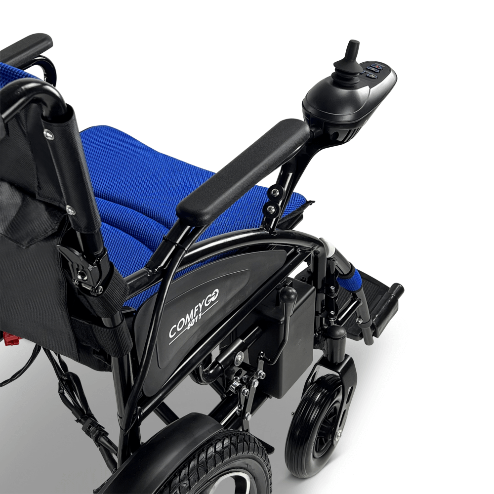 Blue ComfyGO 6011 Folding Electric Wheelchair - Rear Side View
