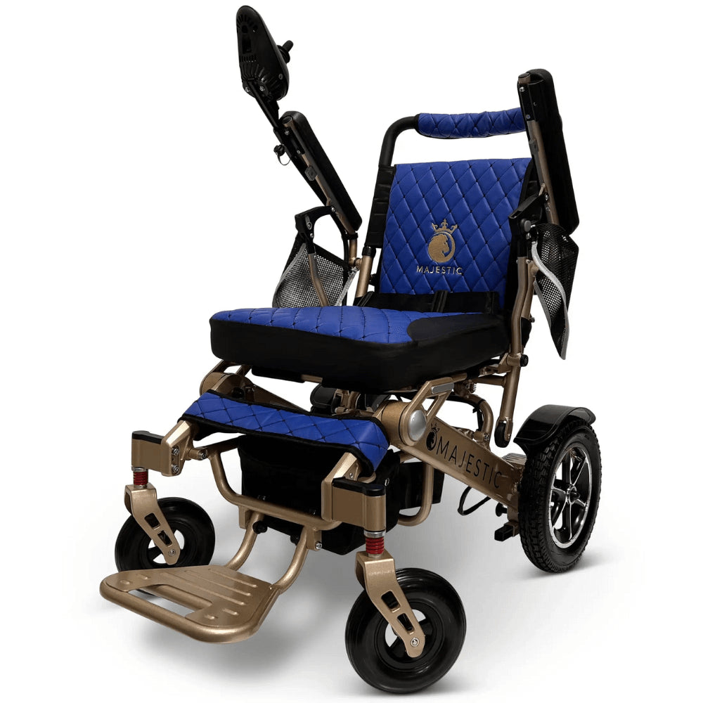 Blue Color Bronze Frame ComfyGO Majestic IQ-7000 Remote Controlled Electric Wheelchair - Angled View - Auto Folding