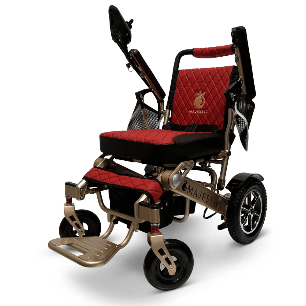 Red Color Bronze Frame ComfyGO Majestic IQ-7000 Remote Controlled Electric Wheelchair - Angled View - Auto Folding