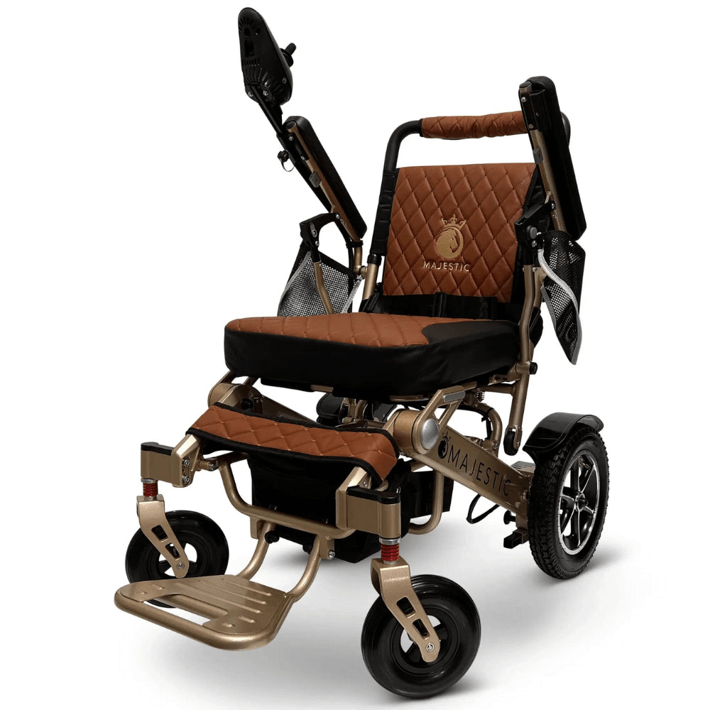 Taba Color Bronze Frame ComfyGO Majestic IQ-7000 Remote Controlled Electric Wheelchair - Angled View - Auto Folding