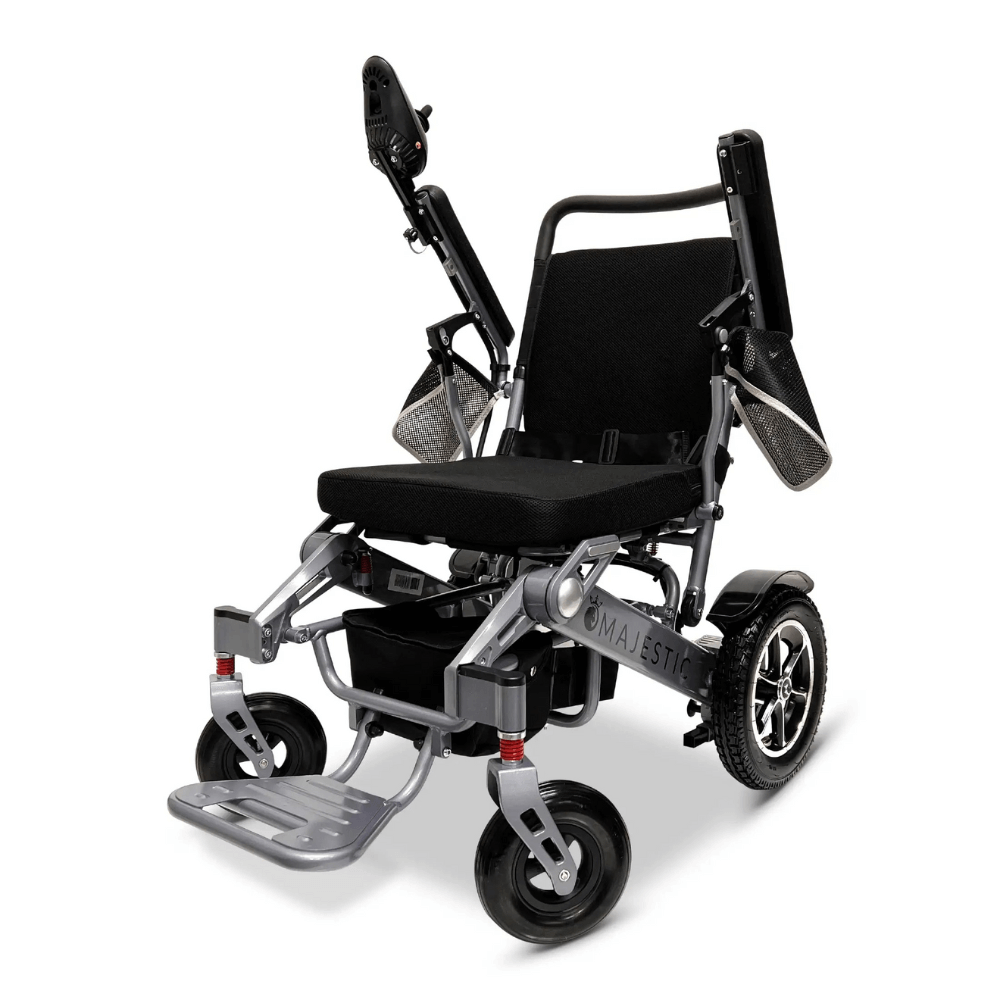 Standard Color Silver Frame ComfyGO Majestic IQ-7000 Remote Controlled Electric Wheelchair - Angled View - Auto Folding
