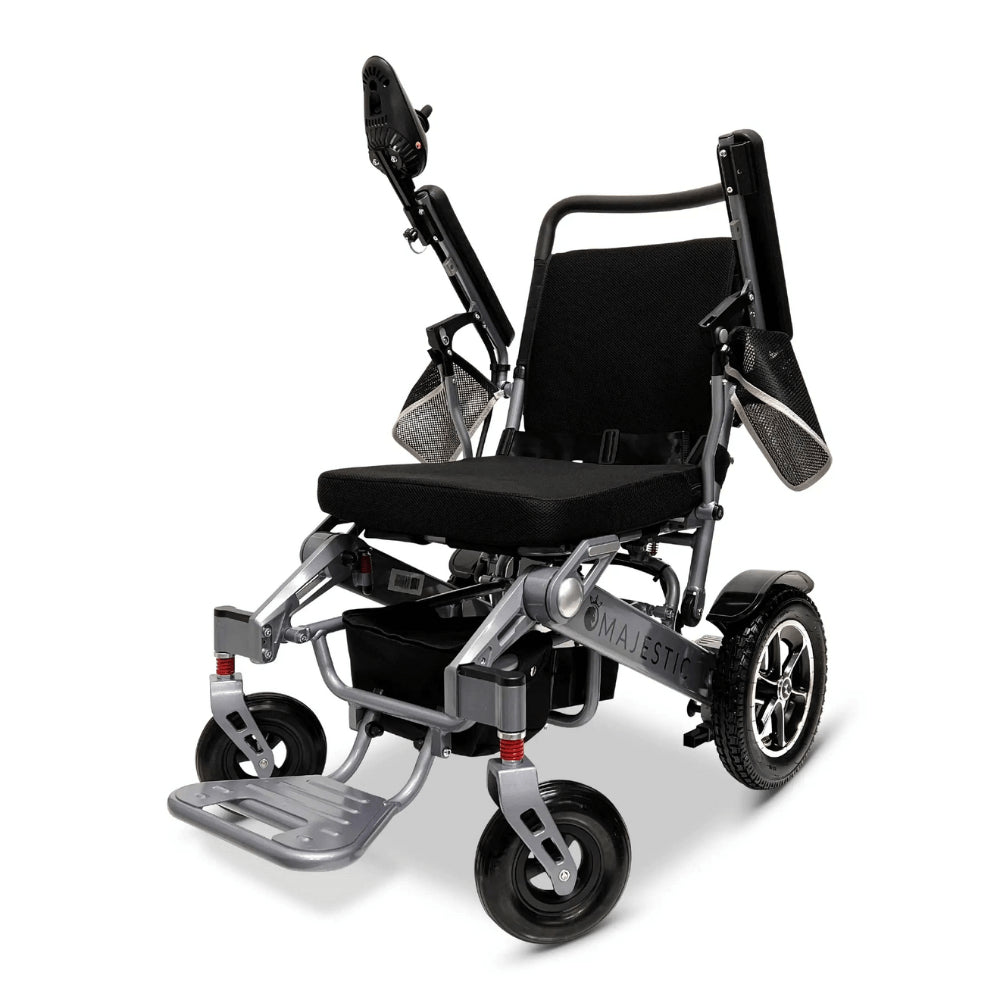 Standard Color Silver Frame ComfyGO Majestic IQ-7000 Remote Controlled Electric Wheelchair - Angled View - Auto Folding