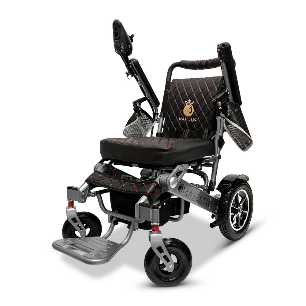 Gray Color Silver Frame ComfyGO Majestic IQ-7000 Remote Controlled Electric Wheelchair - Angled View - Auto Folding