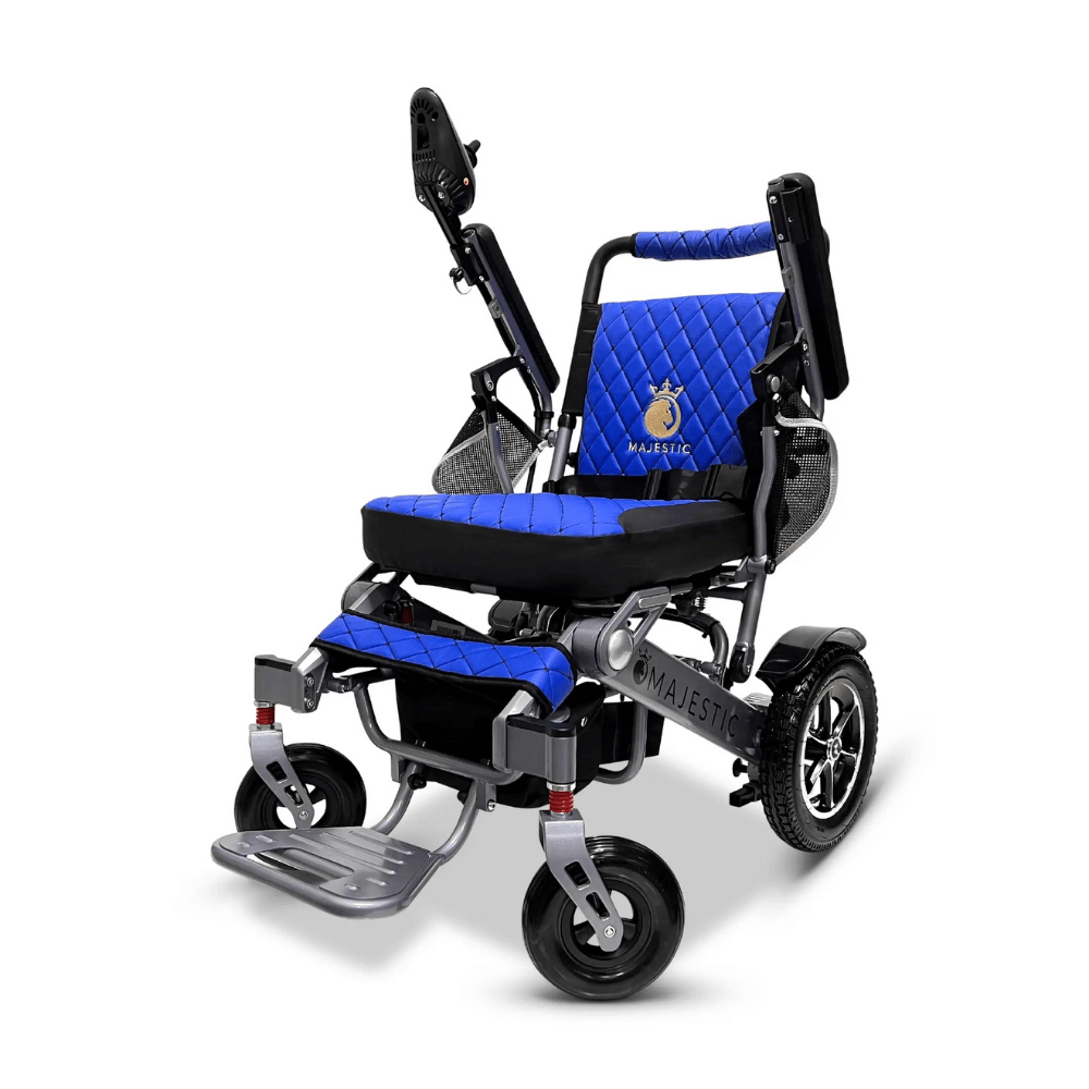 Blue Color Silver Frame ComfyGO Majestic IQ-7000 Remote Controlled Electric Wheelchair - Angled View - Auto Folding