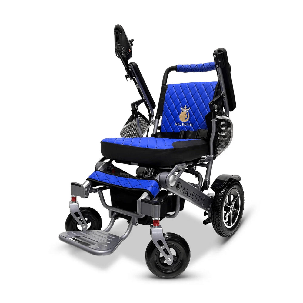 Blue Color Silver Frame ComfyGO Majestic IQ-7000 Remote Controlled Electric Wheelchair - Angled View - Auto Folding