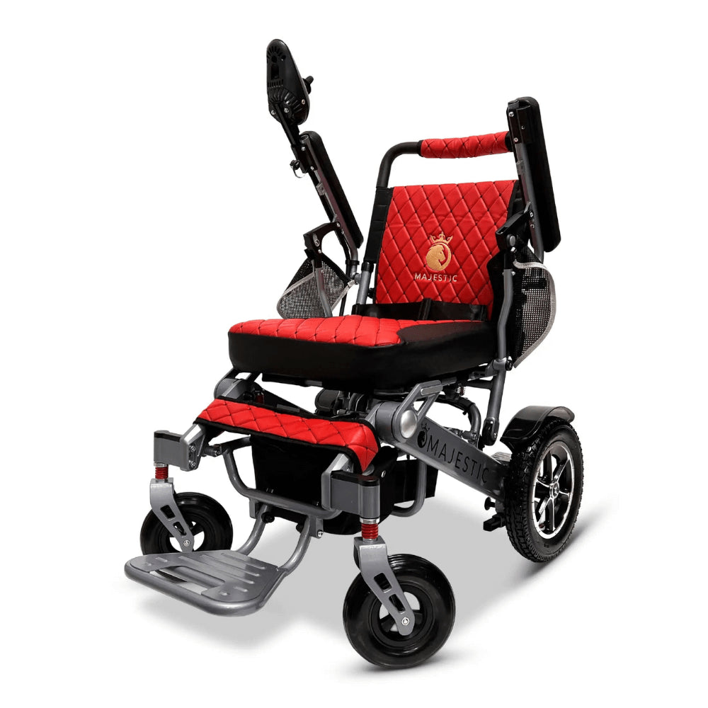 Red Color Silver Frame ComfyGO Majestic IQ-7000 Remote Controlled Electric Wheelchair - Angled View - Auto Folding