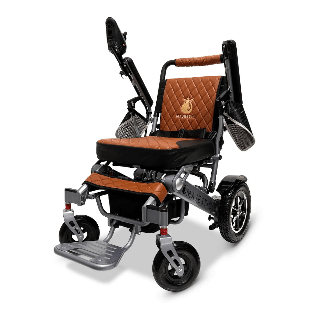 Taba Color Silver Frame ComfyGO Majestic IQ-7000 Remote Controlled Electric Wheelchair - Angled View - Auto Folding