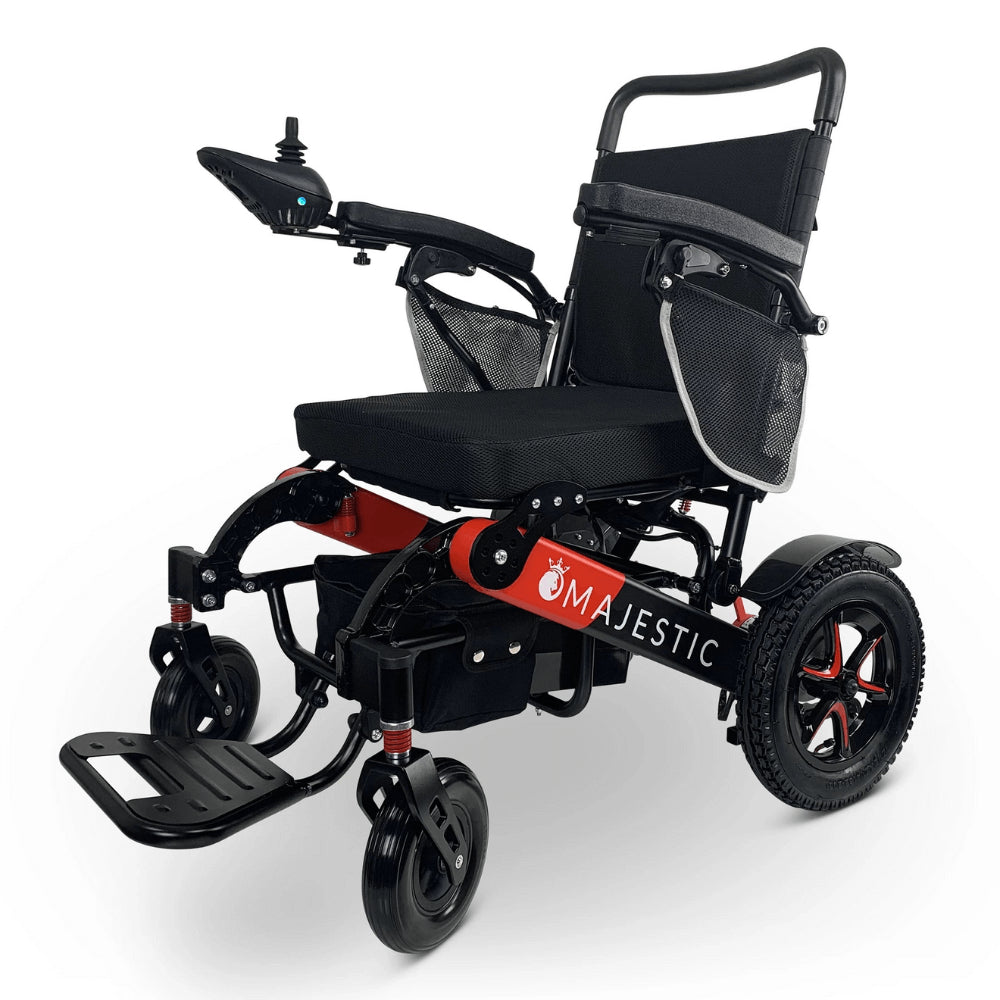Standard Color Black/Red Frame ComfyGO Majestic IQ-7000 Remote Controlled Electric Wheelchair - Angled View - Auto Folding