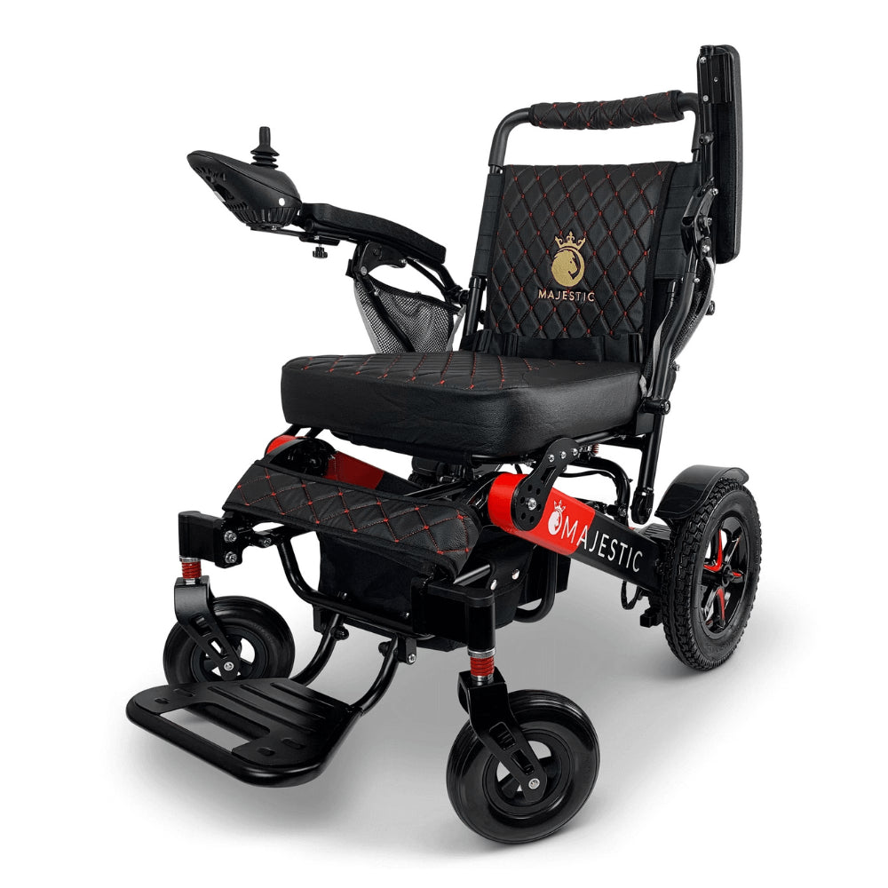 Black Color Black/Red Frame ComfyGO Majestic IQ-7000 Remote Controlled Electric Wheelchair - Angled View - Auto Folding