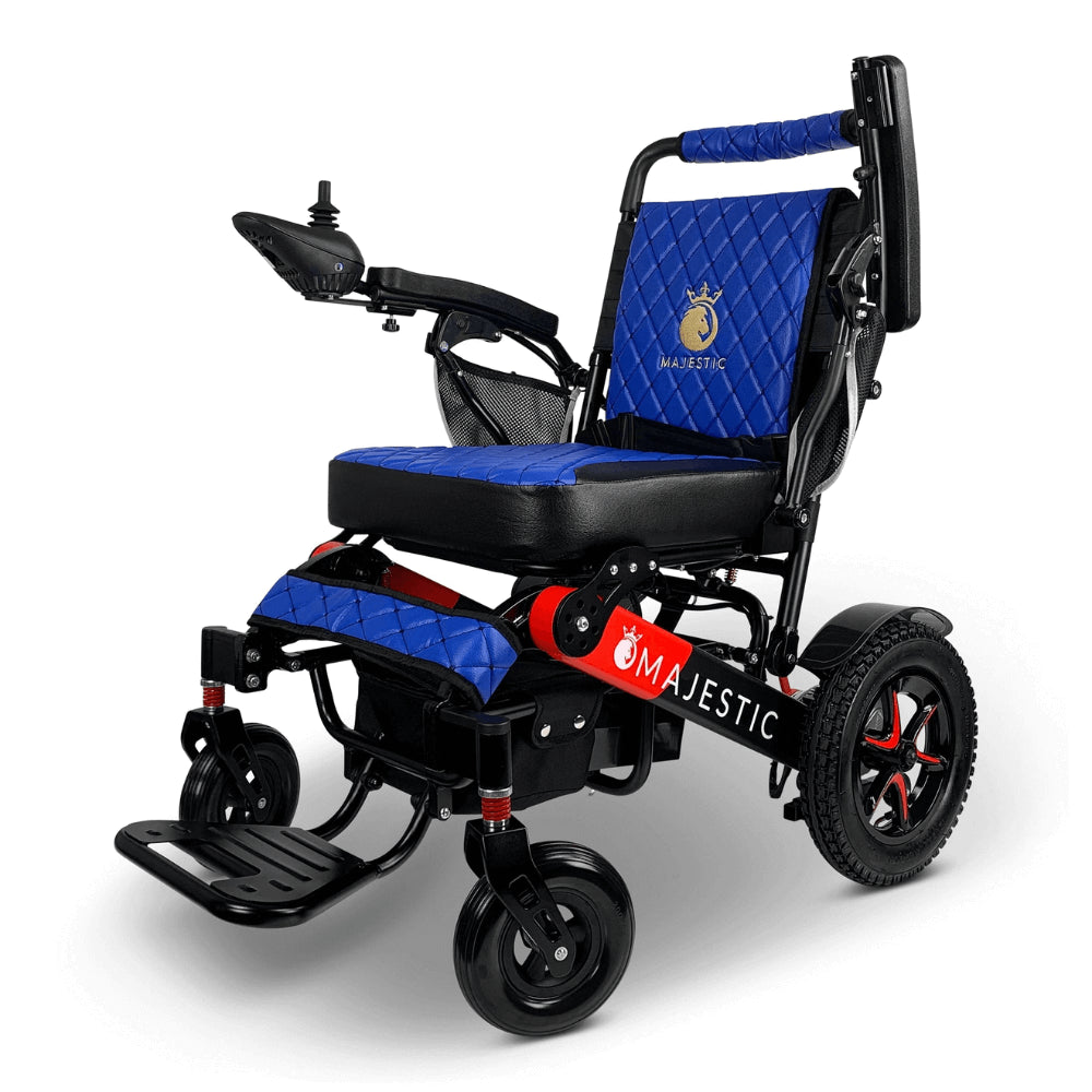 Blue Color Black/Red Frame ComfyGO Majestic IQ-7000 Remote Controlled Electric Wheelchair - Angled View - Auto Folding