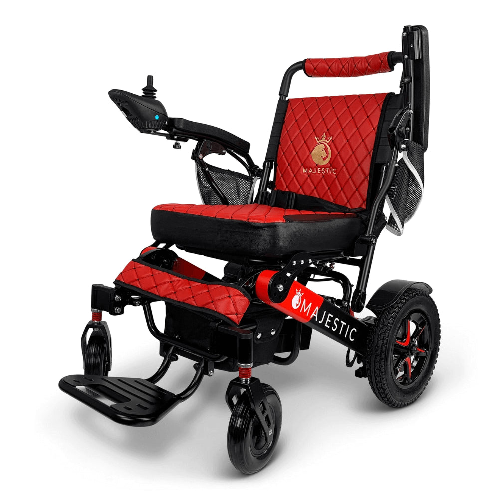 Red Color Black/Red Frame ComfyGO Majestic IQ-7000 Remote Controlled Electric Wheelchair - Angled View - Auto Folding