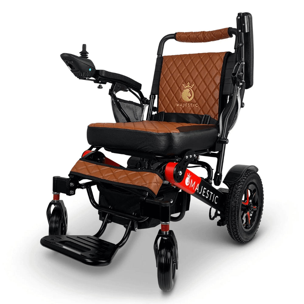 Taba Color Black/Red Frame ComfyGO Majestic IQ-7000 Remote Controlled Electric Wheelchair - Angled View - Auto Folding