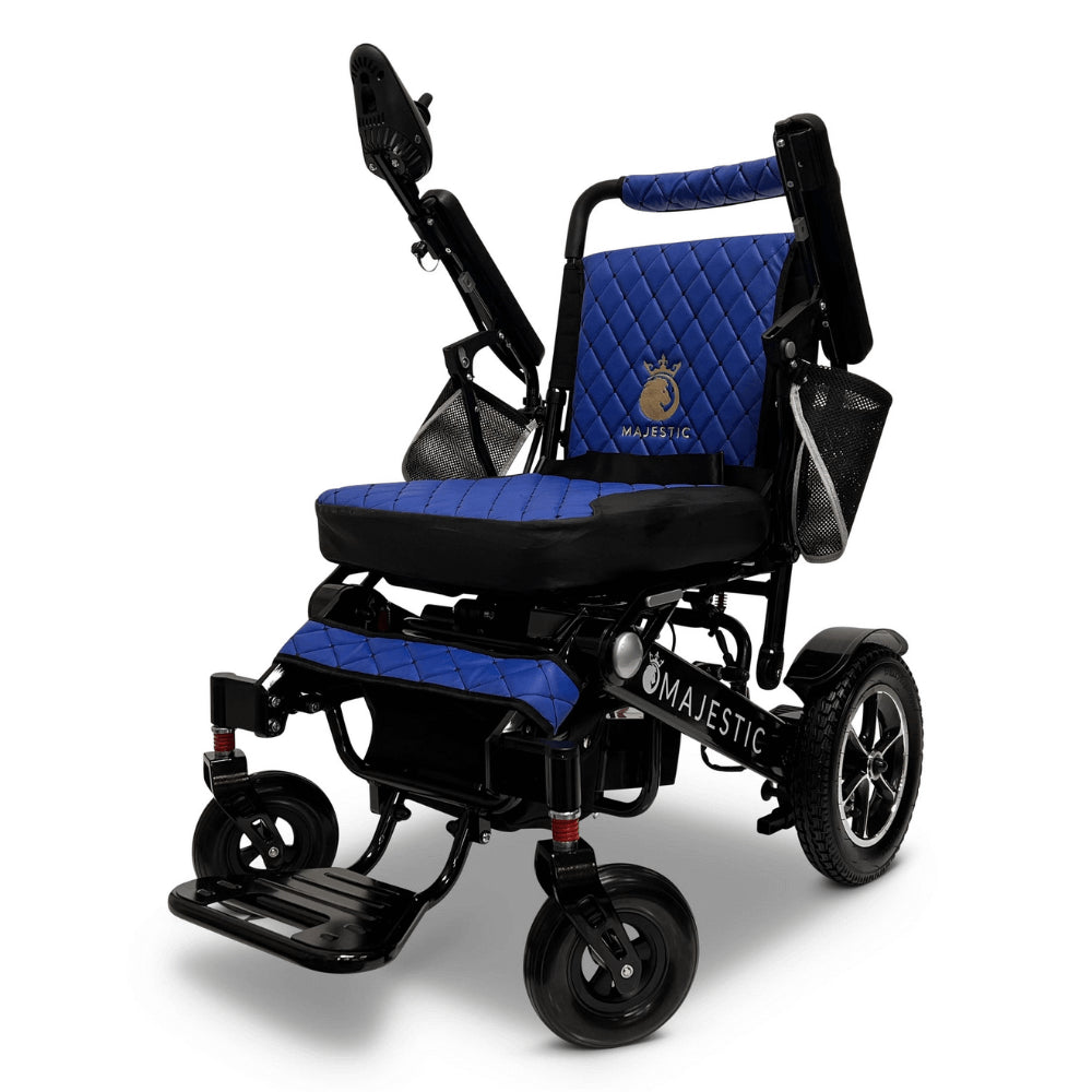 Blue Color Black Frame ComfyGO Majestic IQ-7000 Remote Controlled Electric Wheelchair - Angled View - Auto Folding