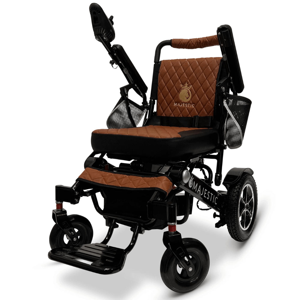 Taba Color Black Frame ComfyGO Majestic IQ-7000 Remote Controlled Electric Wheelchair - Angled View - Auto Folding