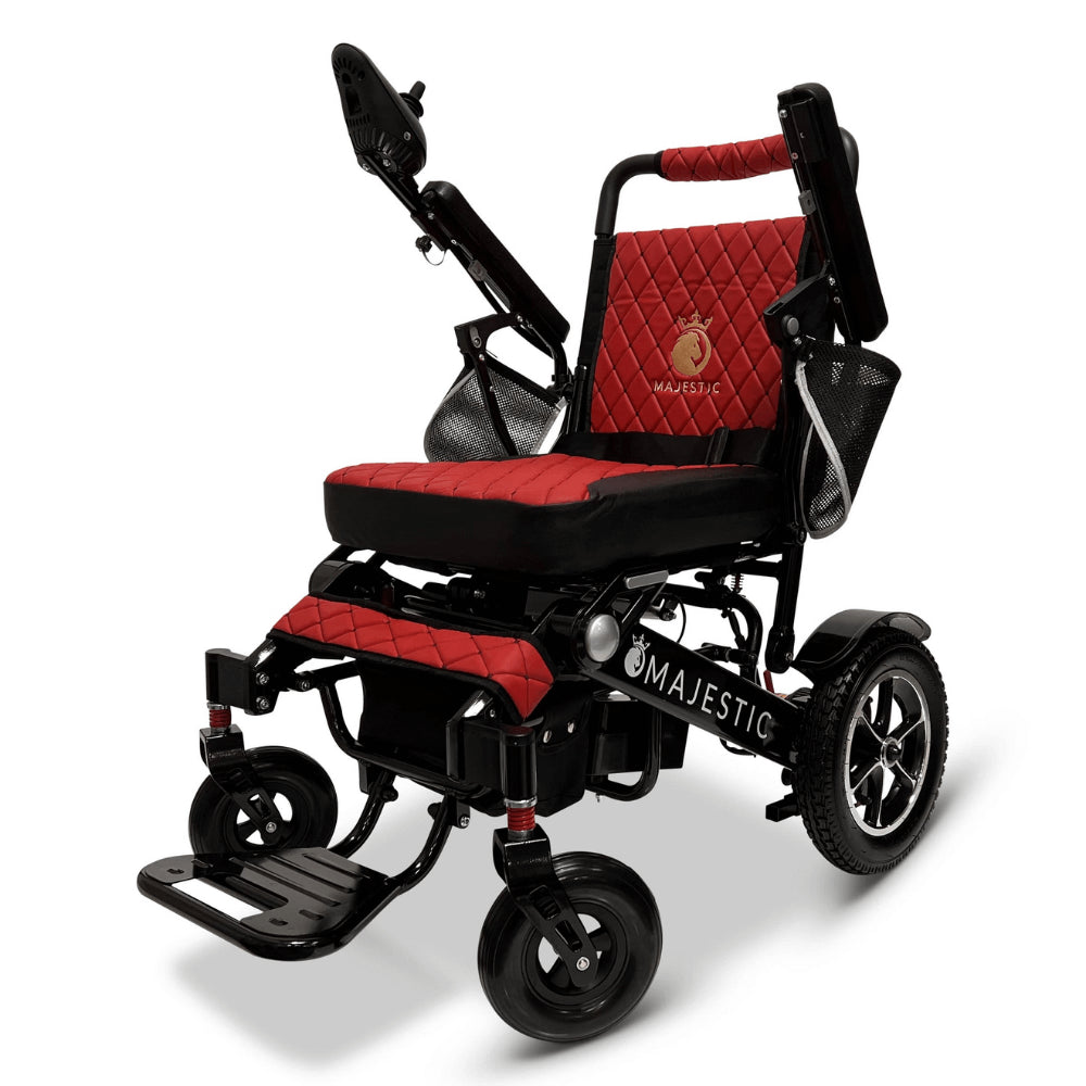 Red Color Black Frame ComfyGO Majestic IQ-7000 Remote Controlled Electric Wheelchair - Angled View - Auto Folding