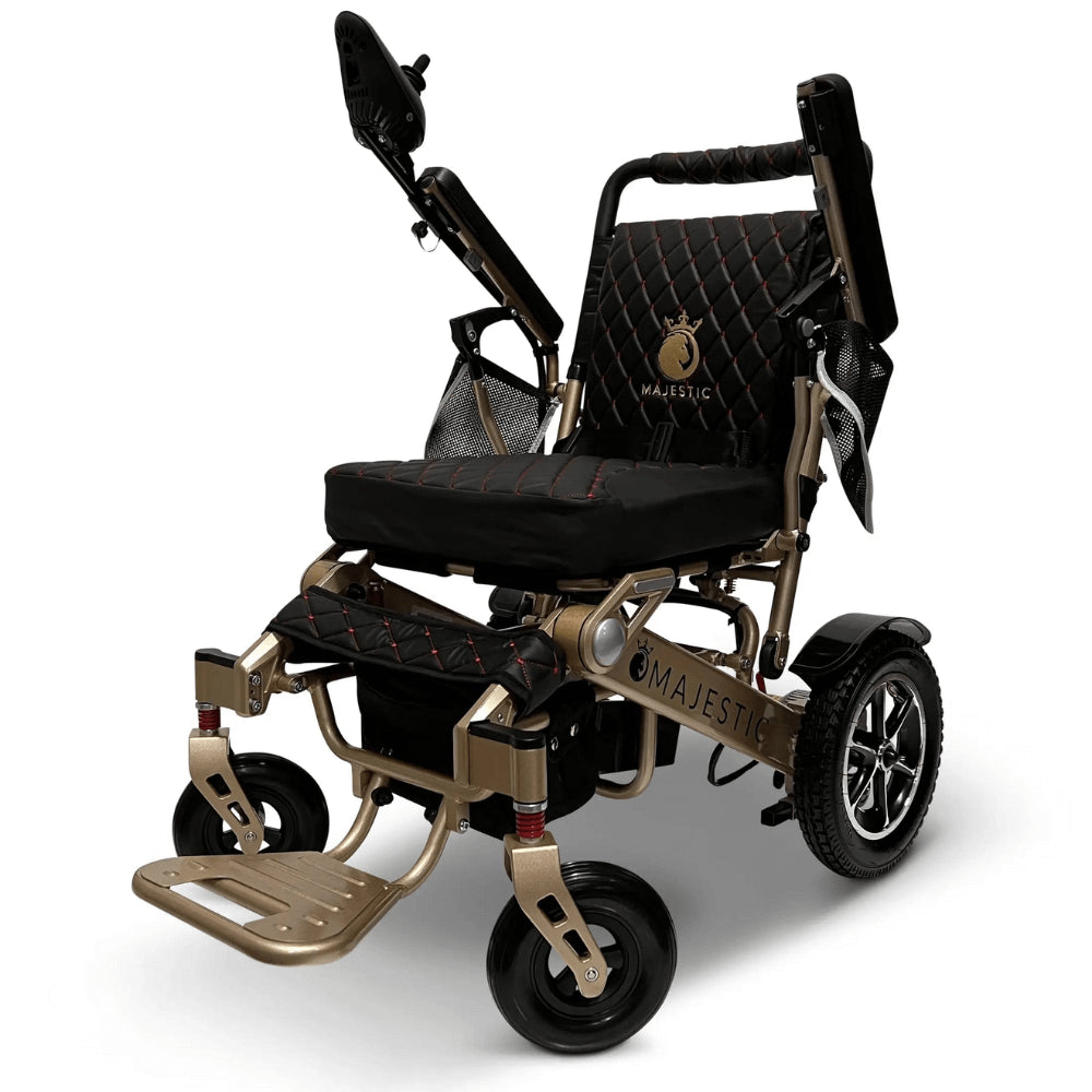 Black Color Bronze Frame ComfyGO Majestic IQ-7000 Remote Controlled Electric Wheelchair - Angled View - Auto Folding
