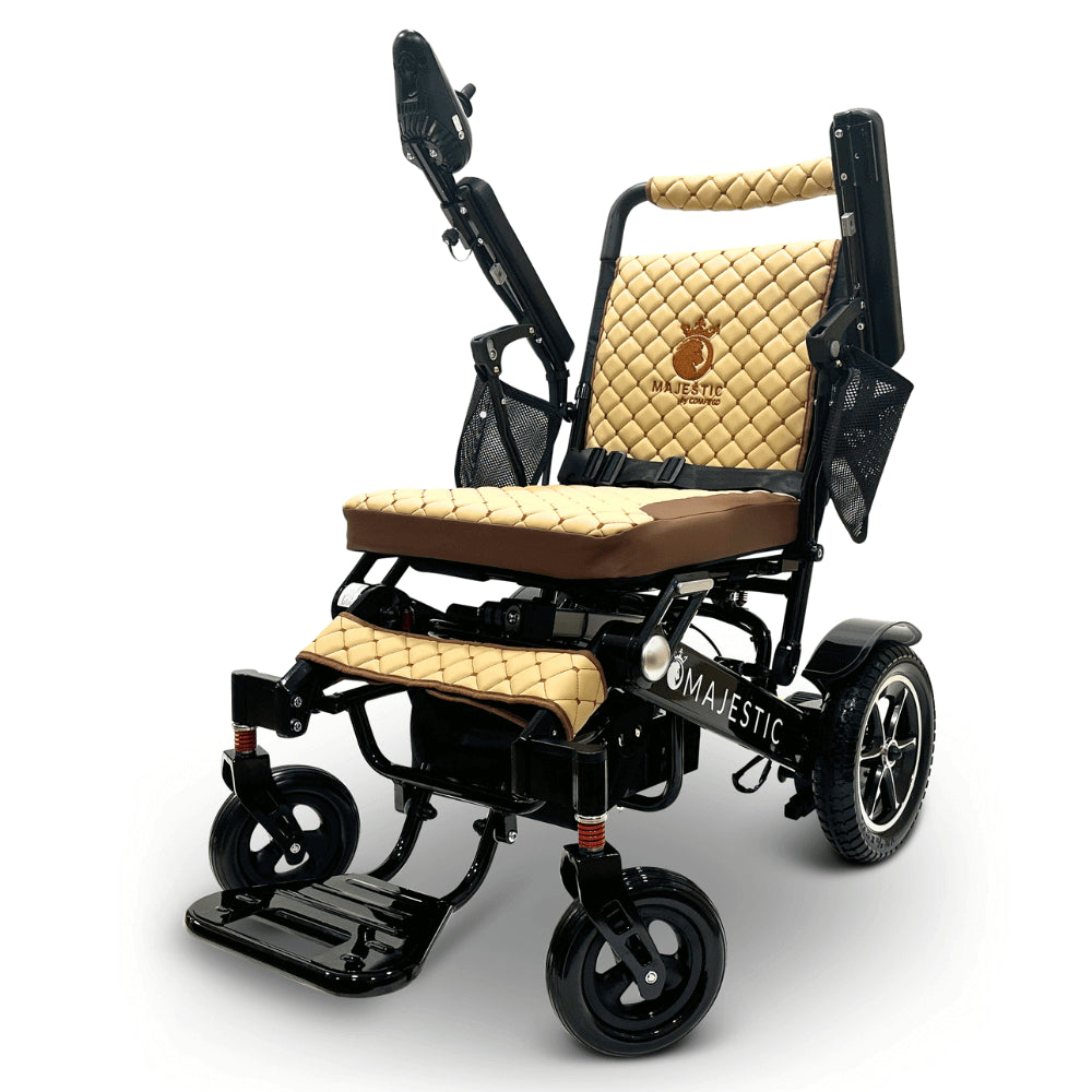 Coffee Color Black Frame ComfyGO Majestic IQ-7000 Remote Controlled Electric Wheelchair - Angled View - Auto Folding