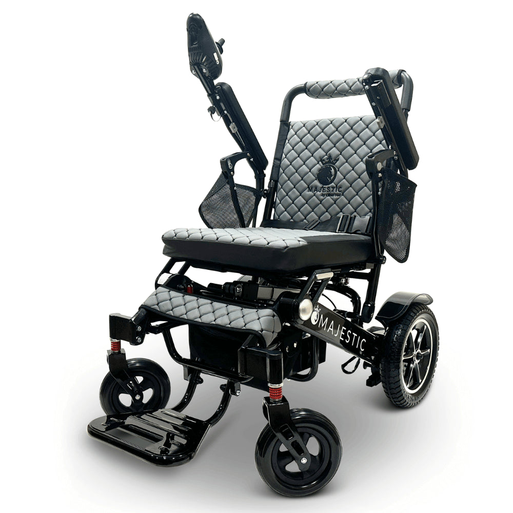 Gray Color Black Frame ComfyGO Majestic IQ-7000 Remote Controlled Electric Wheelchair - Angled View - Auto Folding